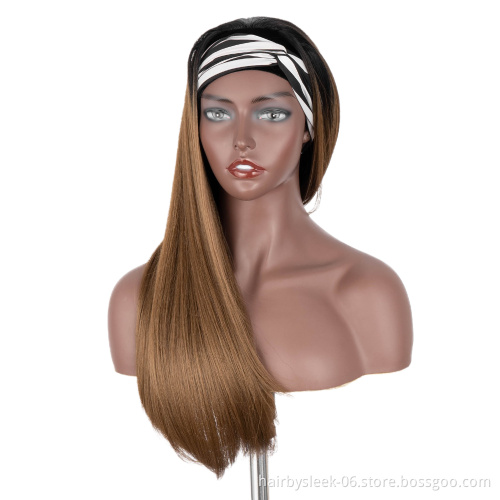 Hot 28 inches middle brown color Super Silk Straight wave Long heat resistant fiber Synthetic hair headband wig for balck woman